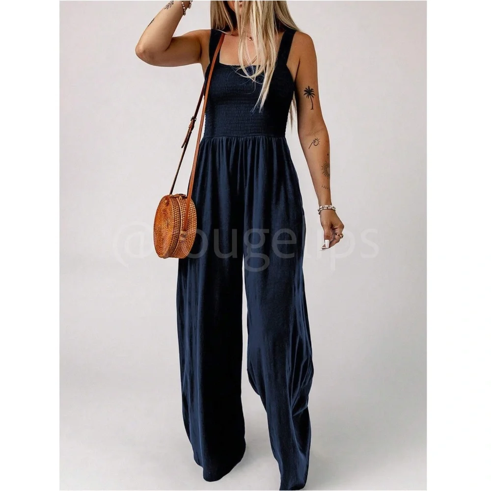 Navy Blue Jumpsuit Slant Pocket Wide Leg Shirred Bodice - Picture 4 of 10